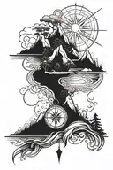 a river is flowing between mountains and cliffs and there are trees. a sun in back and a nautical compass. vertically  tattoo design idea