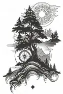 a river is flowing between mountains and cliffs and there are trees. a sun in back and a nautical compass. vertically  tattoo design idea
