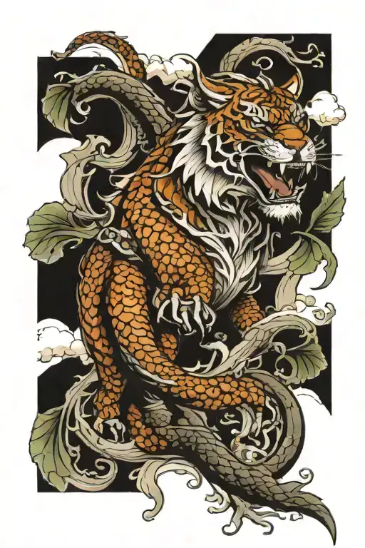A sleeve tattoo design with a dragon, wolf, and tiger tattoo design idea
