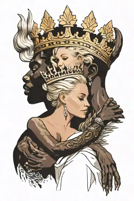 bared white blonde girl snuggles african king with crown tattoo design idea