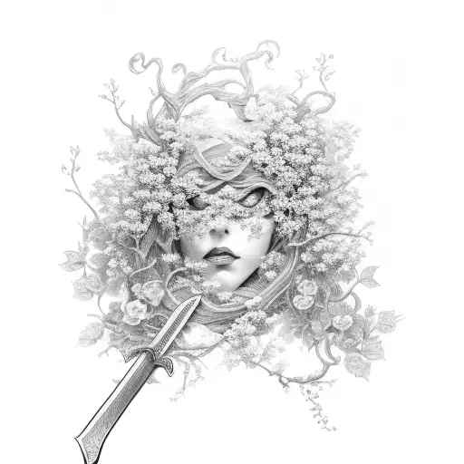 A sword covered in delicate flower vines tattoo design idea