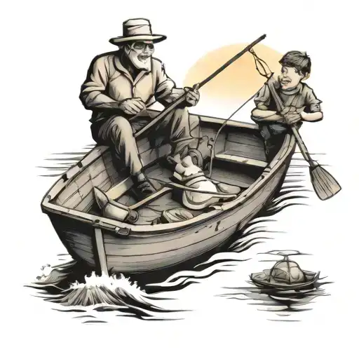 black and white tattoo of a grandpa and grandson fishing in a small row boat on the sea with a sunset in the background tattoo design idea