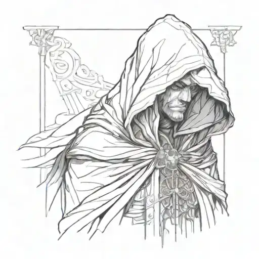 dark figure hidden behind a dark hood and robe tattoo design idea