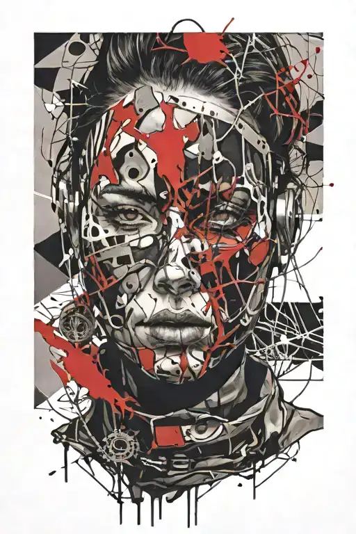woman trapped in full face iron mask tattoo design idea