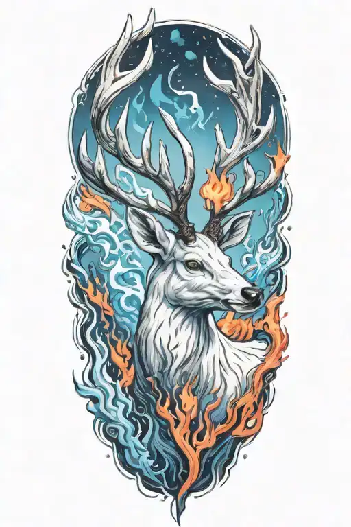 white stag with antlers on fire tattoo design idea
