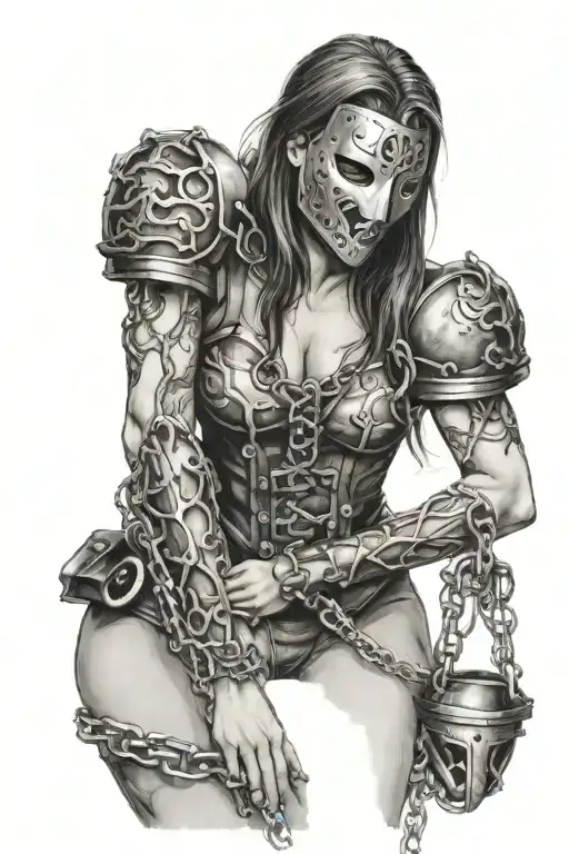 woman trapped in an iron mask and chains. she has a shirt covering her.. full body tattoo design idea