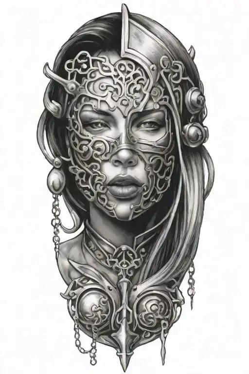 woman trapped in iron mask tattoo design idea