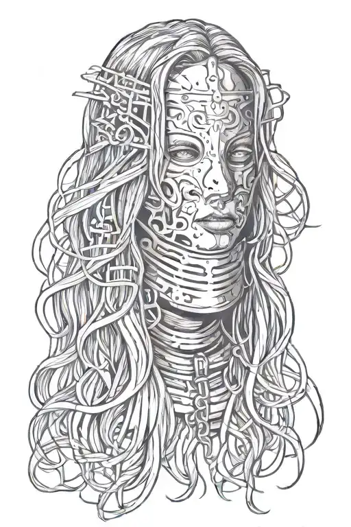 woman with long hair made of fire trapped in iron mask tattoo design idea