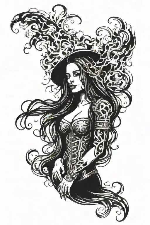 woman with long hair made of fire trapped in iron mask tattoo design idea