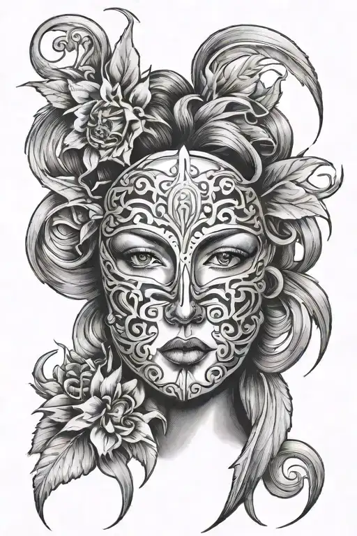 iron mask with sun and ember on woman's face tattoo design idea