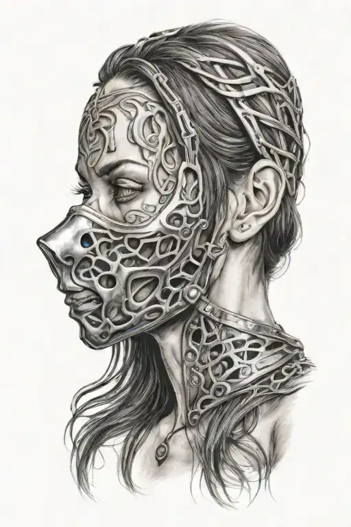 woman with long hair trapped in full face iron mask tattoo design idea