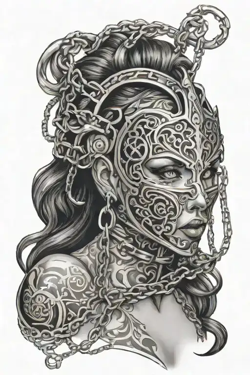woman of fire trapped in full face iron mask and chains tattoo design idea