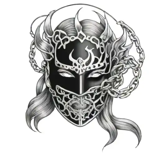 woman of fire trapped in full face iron mask and chains tattoo design idea