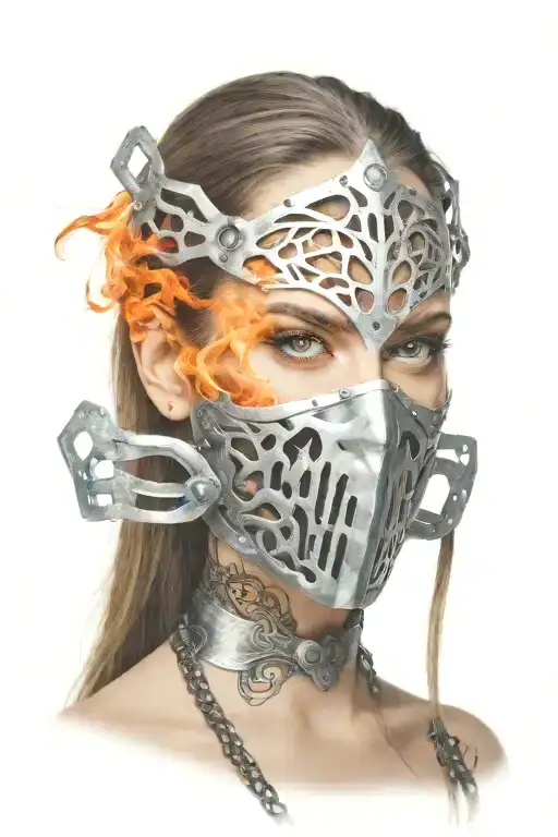 woman with long hair made of fire trapped in full face iron mask tattoo design idea