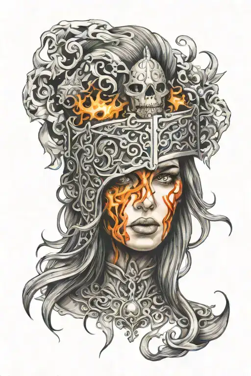 woman with long hair made of fire trapped in iron mask tattoo design idea