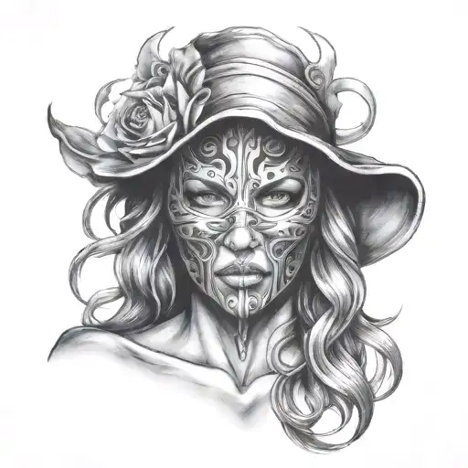 woman of fire trapped in full face iron mask with no hat tattoo design idea