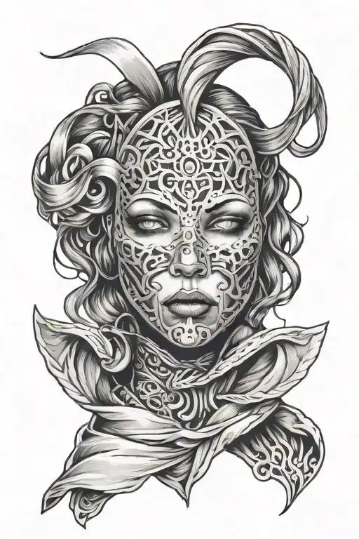 woman trapped in full face iron mask tattoo design idea