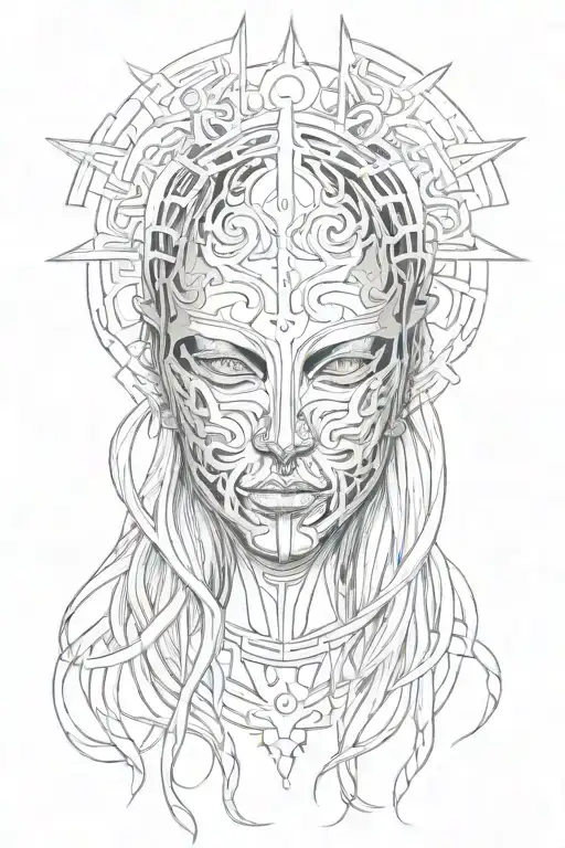 woman with long hair trapped in full face iron mask. the mask has fire and sun designs tattoo design idea