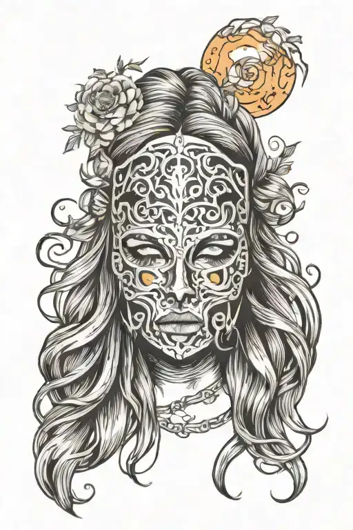 woman with long hair trapped in full face iron mask. the mask has fire and sun designs tattoo design idea