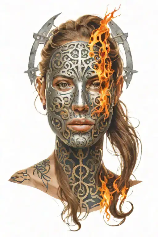 woman with long hair trapped in full face iron mask. the mask has fire and sun designs tattoo design idea