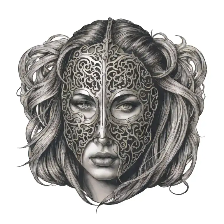 woman with long hair trapped in full face iron mask tattoo design idea
