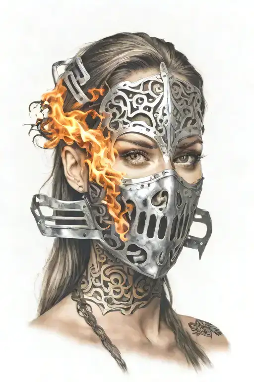 woman with long hair made of fire trapped in full face iron mask tattoo design idea