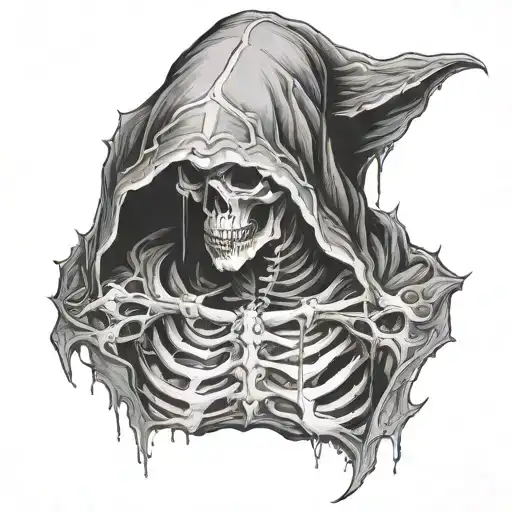 dark figure of bone hidden behind a dark hood tattoo design idea