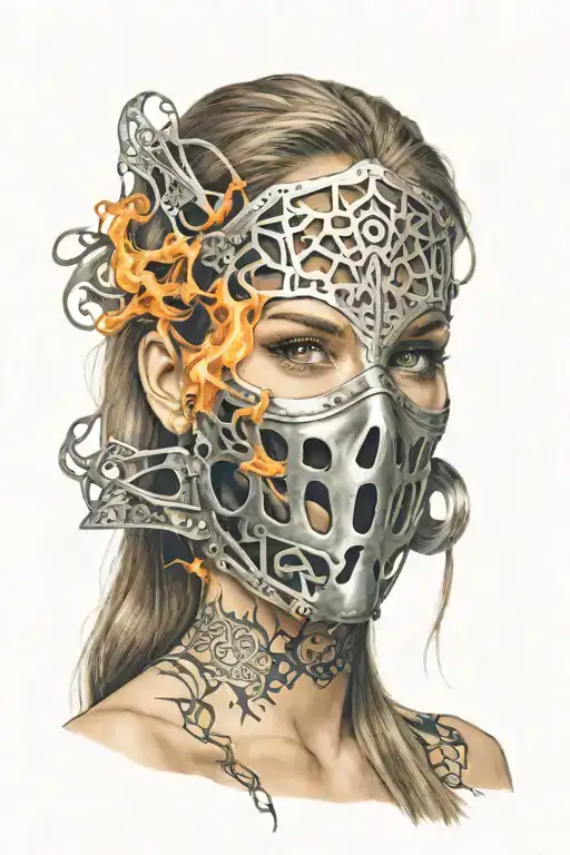 woman with long hair made of fire trapped in full face iron mask tattoo design idea