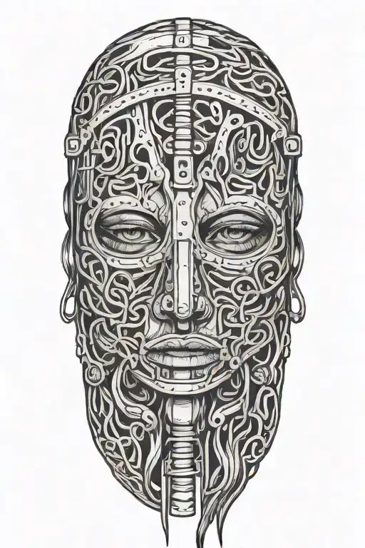 woman with long hair trapped in full face iron mask tattoo design idea