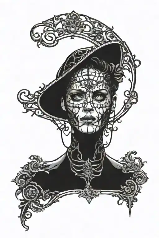 woman trapped in full face iron mask tattoo design idea
