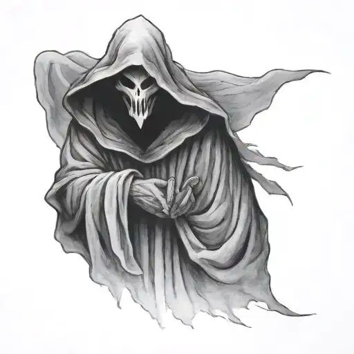 dark ghost figure hidden behind a dark hood and robe tattoo design idea