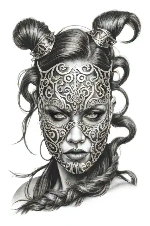 woman with long hair trapped in full face iron mas% the mask has fire and sun designs tattoo design idea