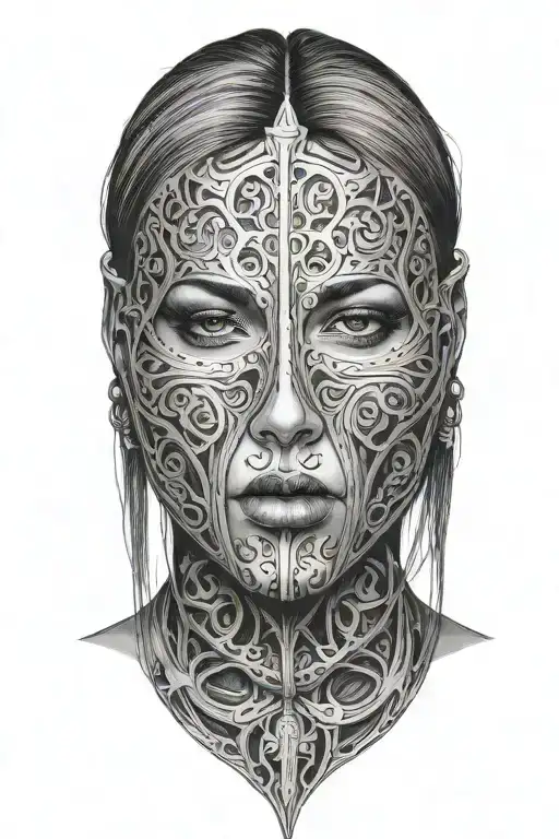 woman with long hair trapped in full face iron mask tattoo design idea