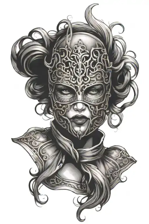 woman trapped in iron mask tattoo design idea