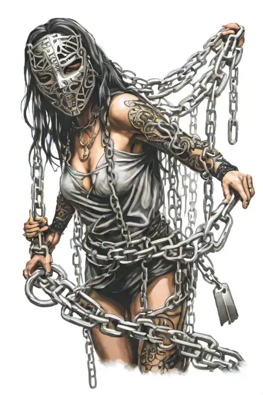 woman trapped in an iron mask and chains. she has a loose shirt on.. full body tattoo design idea