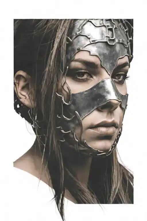 woman with long hair trapped in full face iron mask tattoo design idea