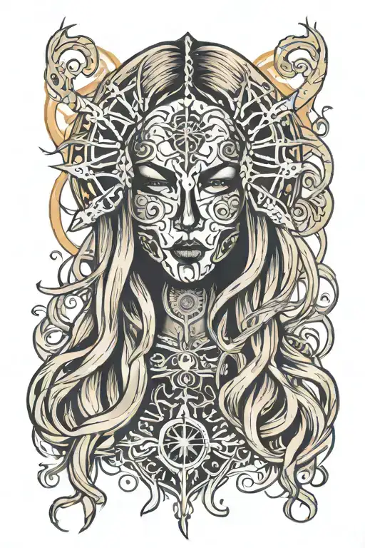 woman with long hair trapped in full face iron mask. the mask has fire and sun designs tattoo design idea