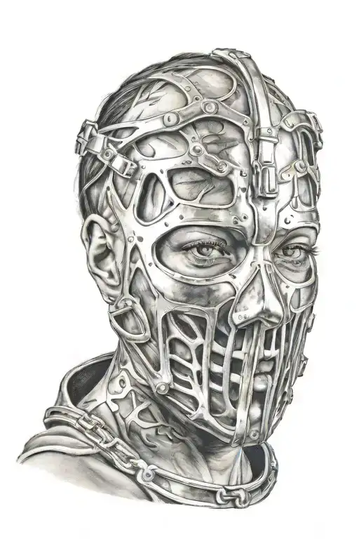 woman trapped in full face iron mask tattoo design idea