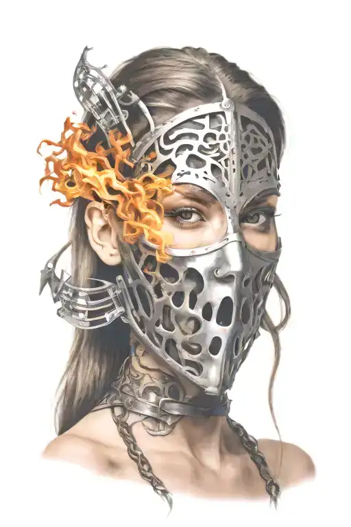 woman with long hair made of fire trapped in full face iron mask tattoo design idea