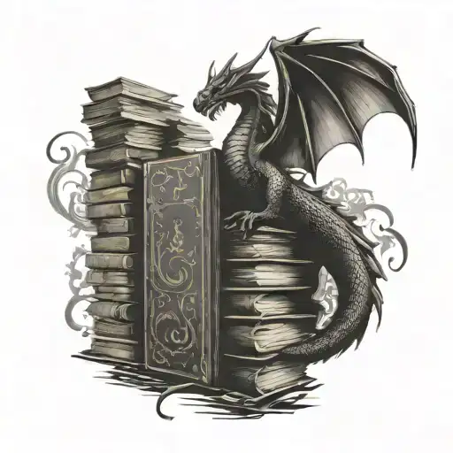 A library filled with ancient books and a dragon perched on top tattoo design idea
