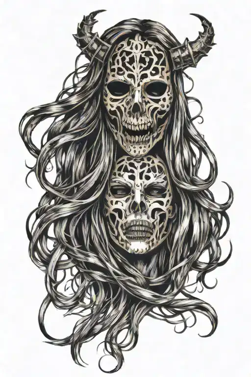 woman with long hair made of fire trapped in iron mask tattoo design idea