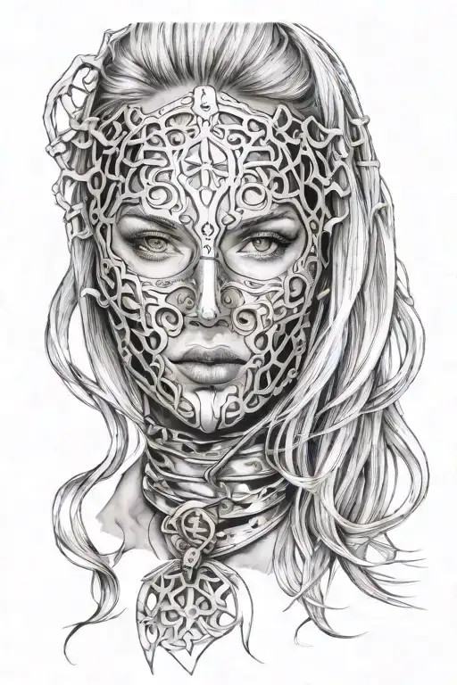 woman with long hair trapped in full face iron mask. the mask has fire and sun designs tattoo design idea