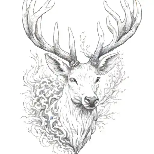 white stag head with flames tattoo design idea