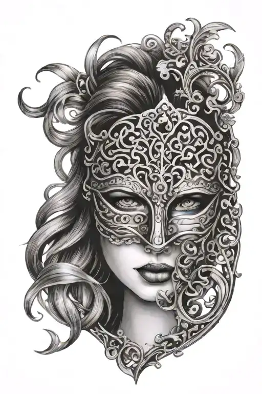 woman trapped in iron mask. the mask has fire and sun designs engraved in it tattoo design idea