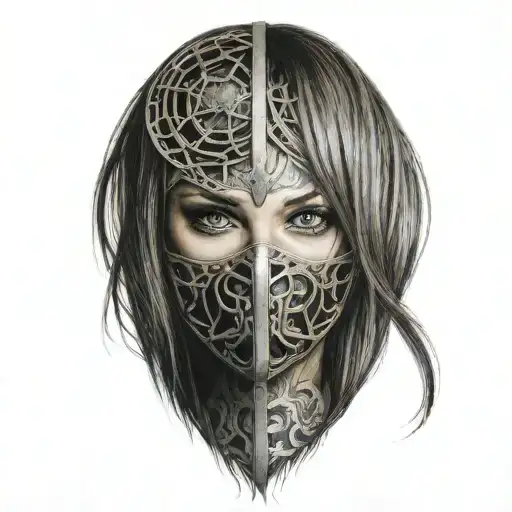 woman with long hair trapped in full face iron mask tattoo design idea