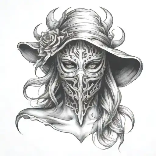 woman of fire trapped in full face iron mask no hat tattoo design idea