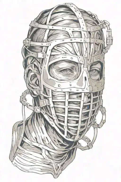 woman trapped in full face iron mask tattoo design idea