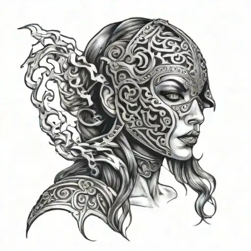 woman of fire trapped in full face iron mask tattoo design idea