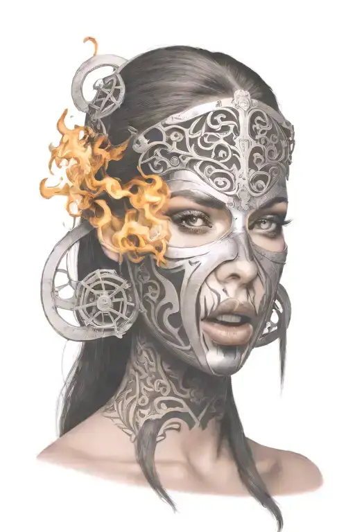 woman with long hair made of fire trapped in full face iron mask tattoo design idea