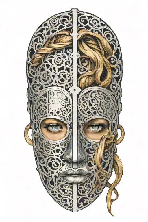 woman with long hair trapped in full face iron mask tattoo design idea